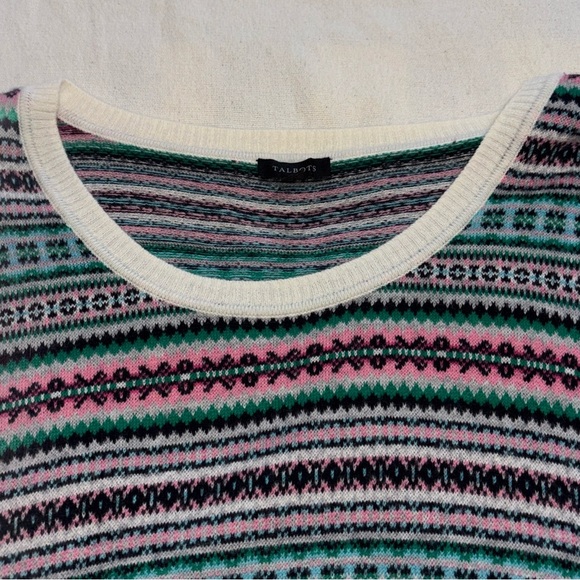 TALBOTS Blue/Pink Fair Isle Crew Neck Sweater Soft Wool Nylon Blend Women’s SzXL - Picture 4 of 11